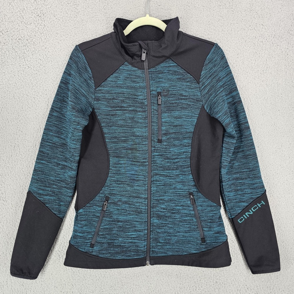Cinch Jacket Womens Small Blue Black Full Zip Softshell Knit Zip Pockets Outdoor